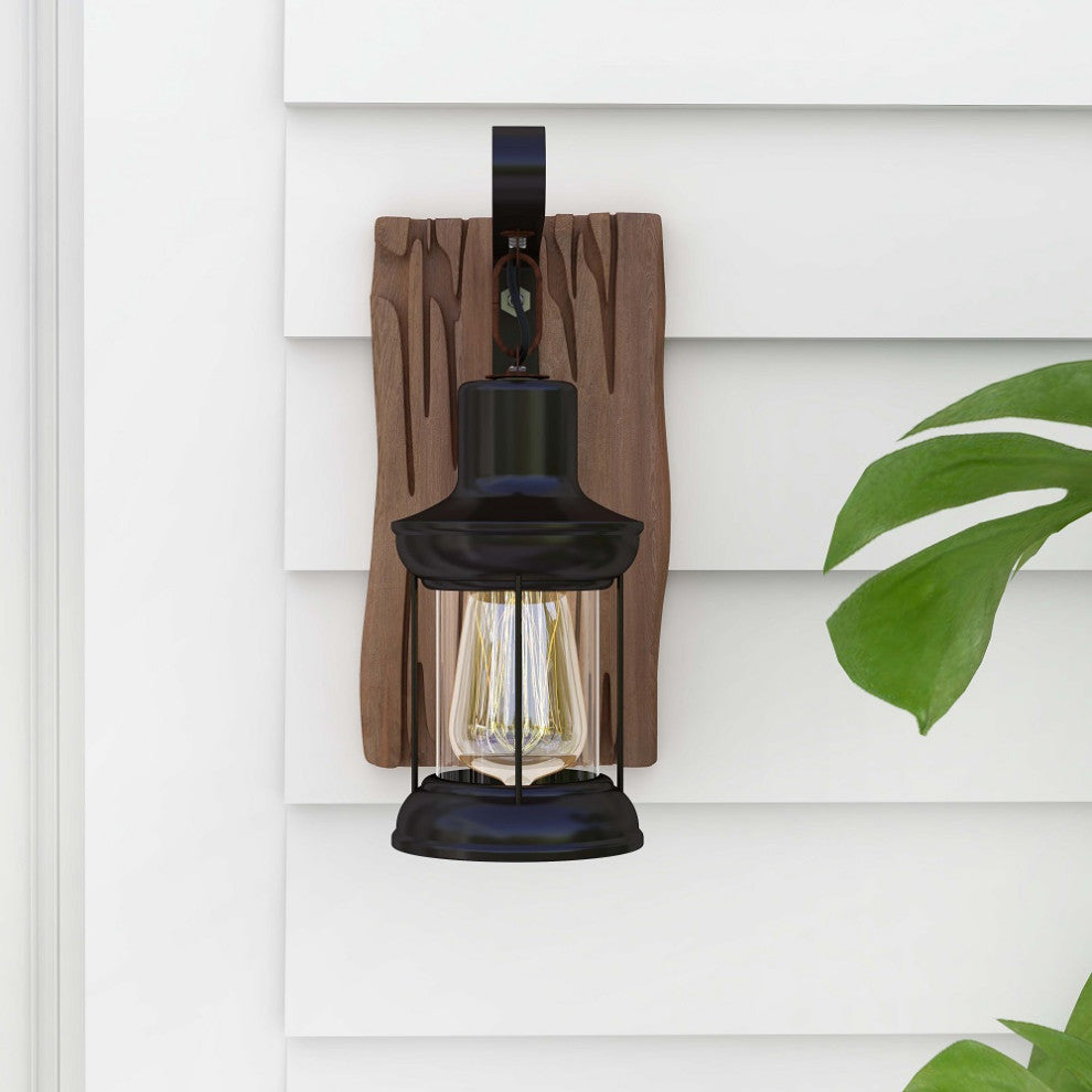 Industrial Cottage Style Clear Glass Lantern 1-Light Wall Light & Wood Backplate