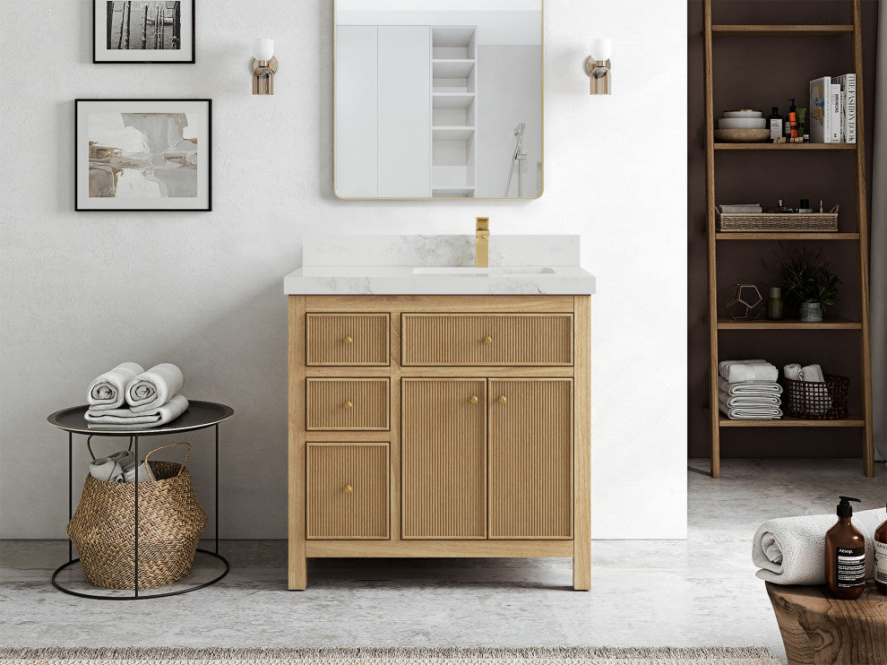 Sonoma 36 Right Offset Bath Vanity in Light Natural Teak with 2" Calacatta Nuvo