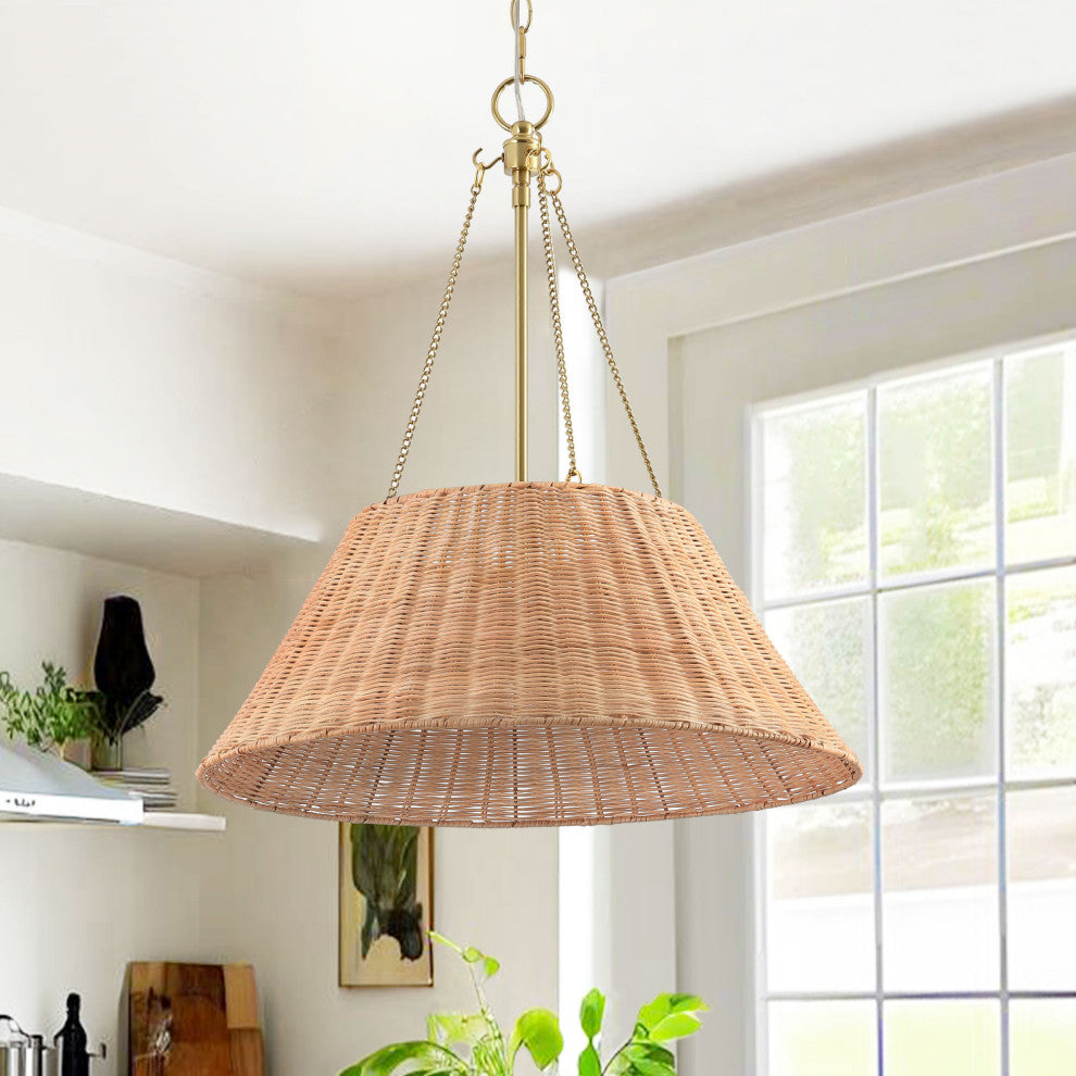 GetLedel 21.7" 3-Light Hand Woven Rattan Chandelier, Brown