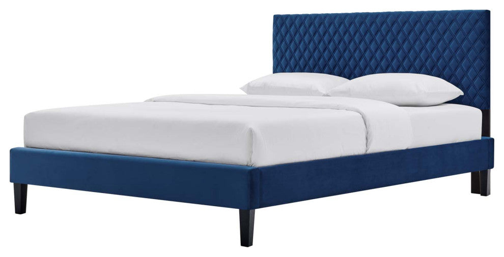Platform Bed Frame, King Size, Blue Navy, Velvet, Modern, Bedroom Guest Suite