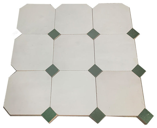 Contemporary Zellige Tile, White With Green, 8-Panels 12x12"