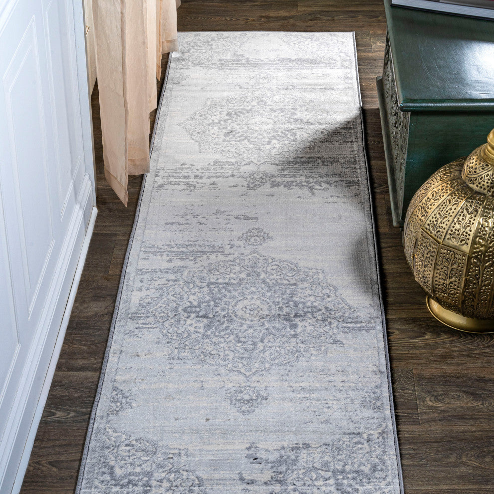 Modern Persian Moroccan Medallion Light Gray 2'x10' Runner Rug