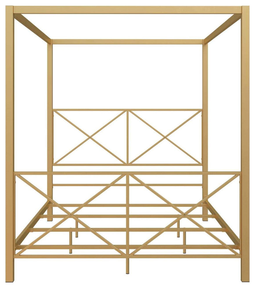 Elegant Full Canopy Bed with Metal Frame and Unique X-Detail Headboard, Gold