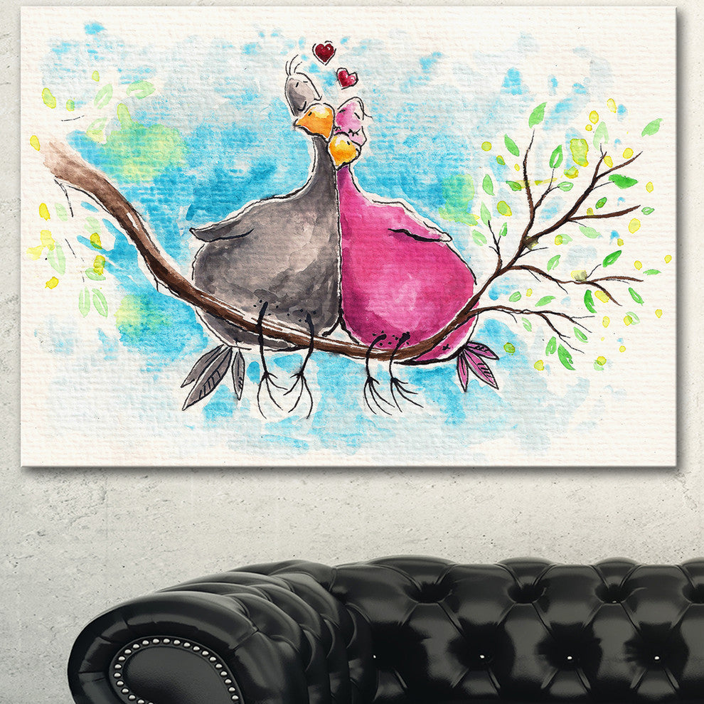 Two Birds in Love on Branch, Abstract Canvas Art Print, 40"x30"