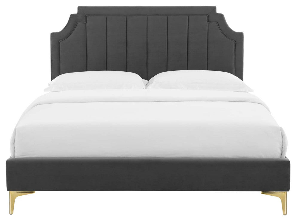 Platform Bed Frame, Queen Size, Velvet, Dark Gray, Modern Contemporary