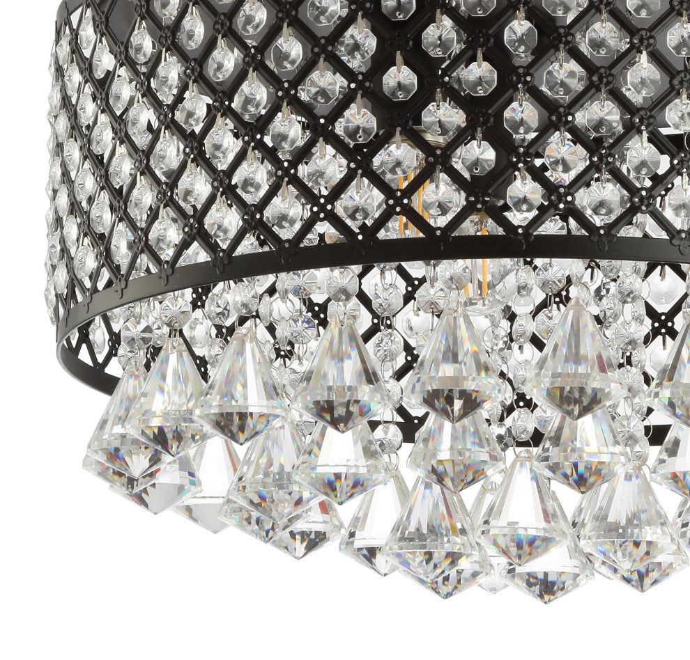 Evelyn 3-Light Crystal Drops and Metal LED Flush Mount, Black/Clear, Width: 17"