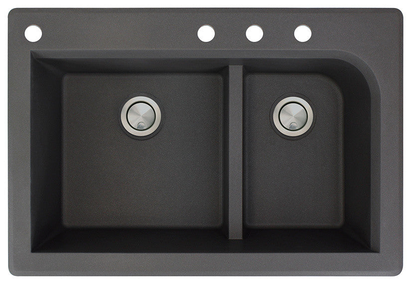 Radius 33" silQ Granite Drop-in Double Bowl Kitchen Sink with 4 Holes in Black