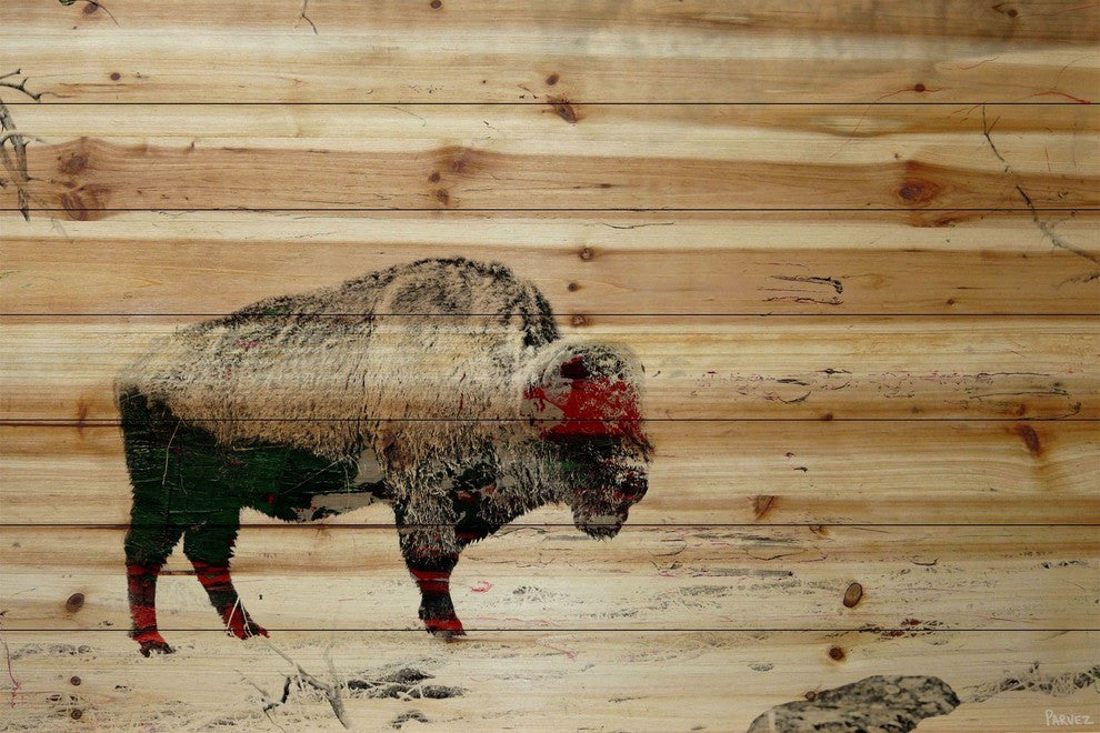 "Lost Buffalo" Painting Print on Natural Pine Wood, 60"x40"