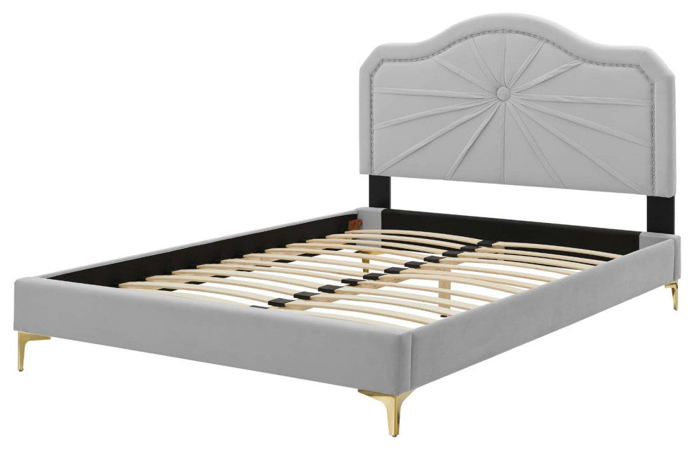 Platform Bed Frame, Full Size, Velvet, Light Gray, Modern Contemporary