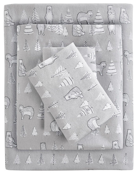 True North by Sleep Philosophy Cotton Flannel Kids Sheet Set, Grey Bears