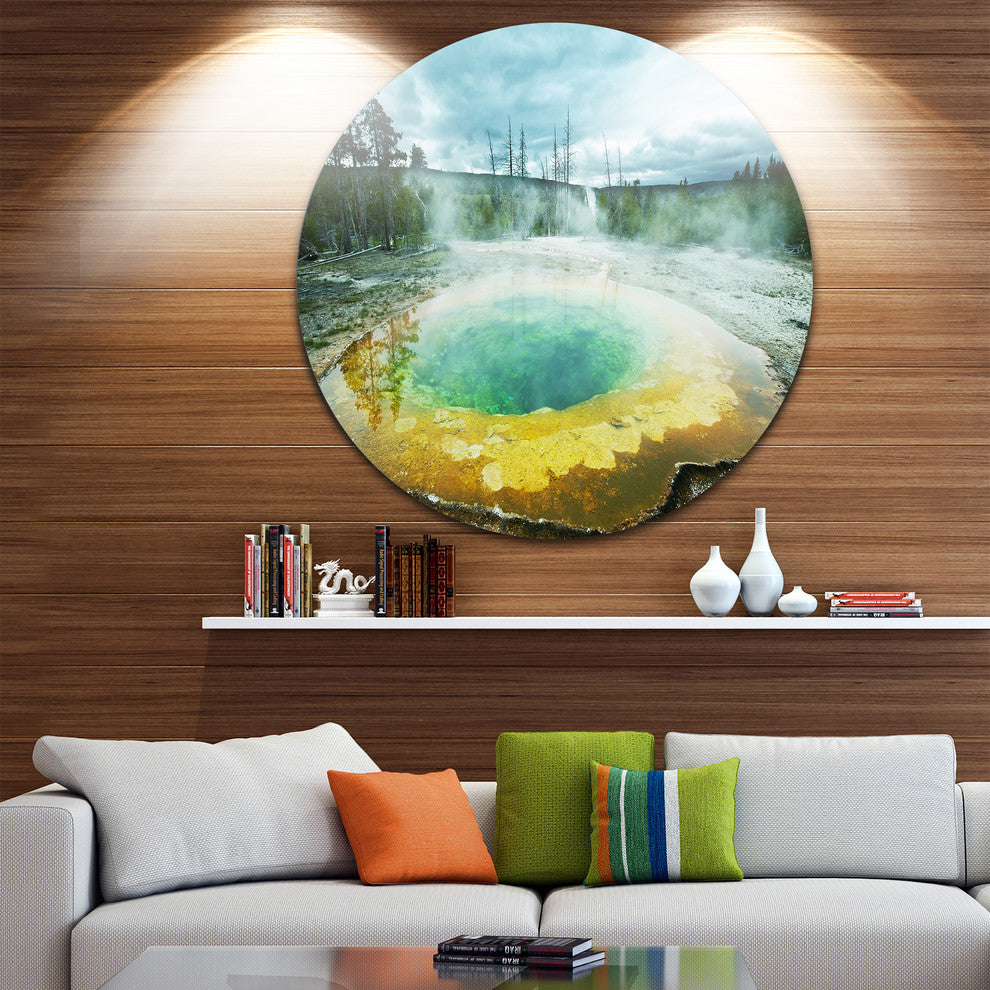 Morning Glory Pool Under Clouds, Landscape Round Metal Wall Art, 23"