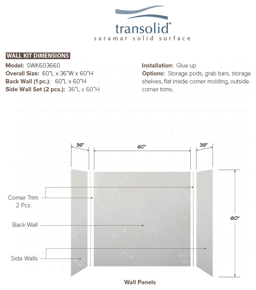 Transolid SaraMar 60"x36"x60" 3-Piece Shower Wall Kit, Lunar Velvet