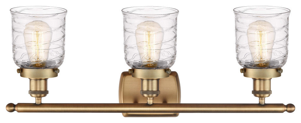 Small Bell 3 Light Bath Vanity Light, Brushed Brass, Deco Swirl