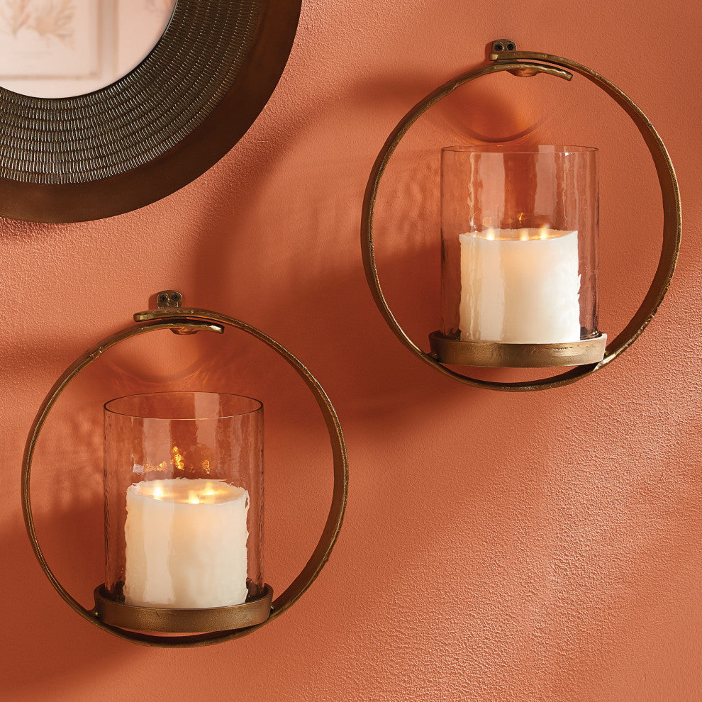 Elegant Gold Ring Wall  Pillar Candle Holder Sconce Glass Hurricane Round
