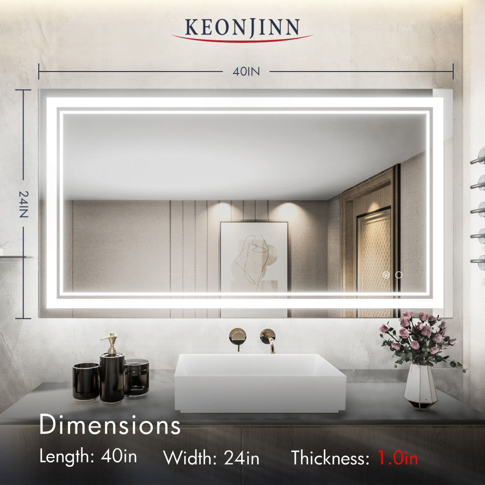 3-Colors LED Bathroom Mirror, Anti-Fog Memory Dimmable, Sliver, 40"x24"