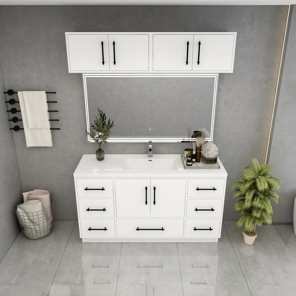 Victoria 60" Solid Wood Vanity Single Sink, Overhead Cabinet, Glossy White