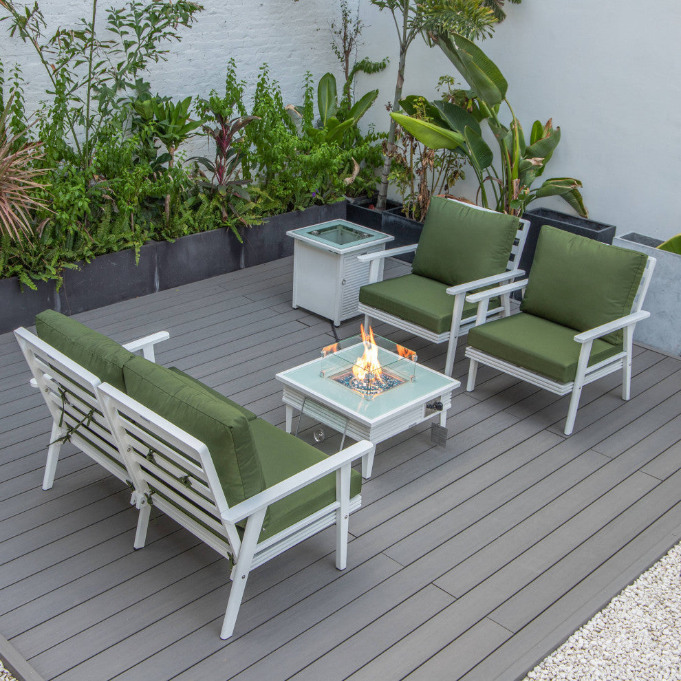 LeisureMod Walbrooke White Patio Conversation Set With Fire Pit, Green