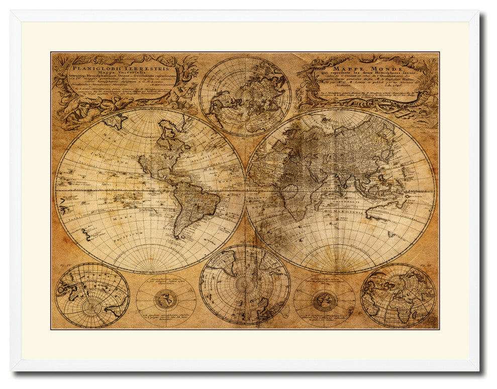 World Vintage Old Map Print On Canvas With Picture Frame 28" X 37"
