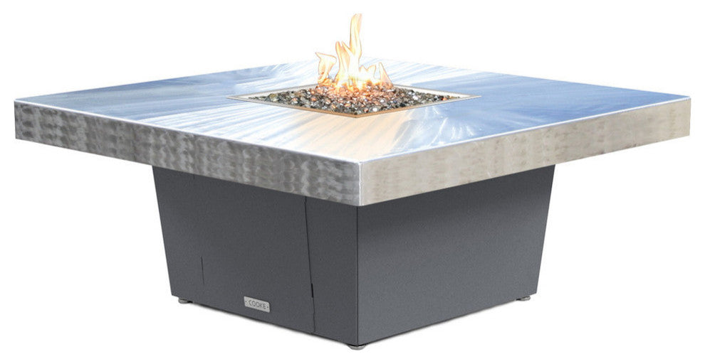 Square Fire Pit Table, 48x48, Chat Height, Natural Gas, Brushed Aluminum, Gray
