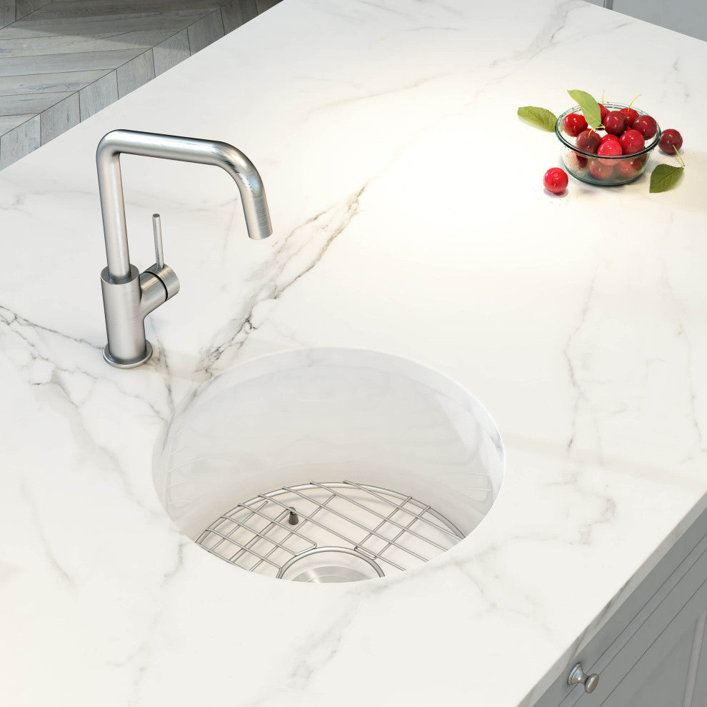 White Fireclay Farmhouse Undermount Kitchen Sink, Bottom Grid and Strain, 19"