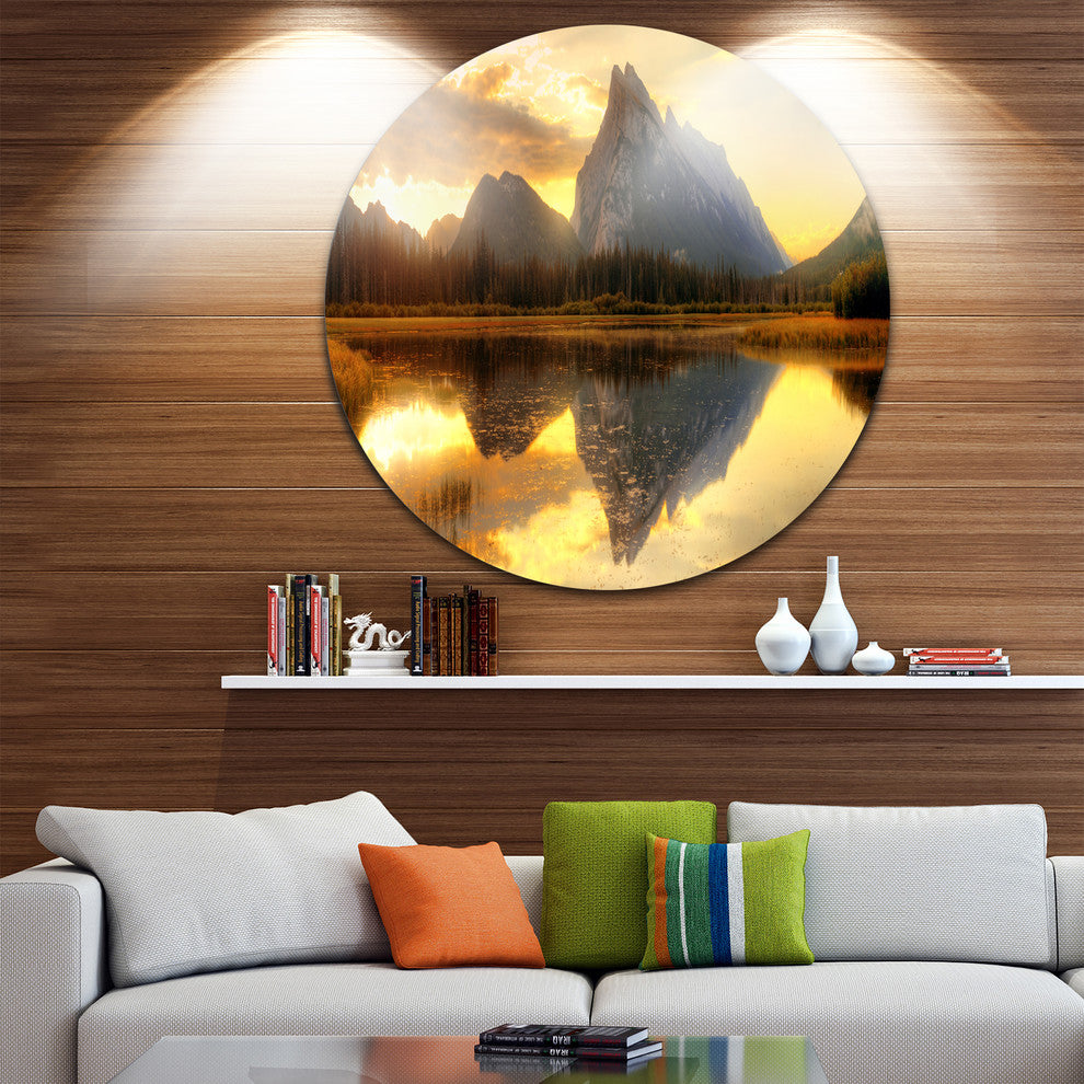 Vermillion Lake Sunrise In Banff Park, Landscape Round Artwork, 36"