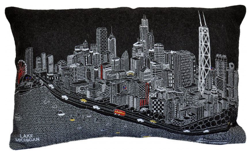 25" Black Chicago Nighttime Skyline Lumbar Decorative Pillow