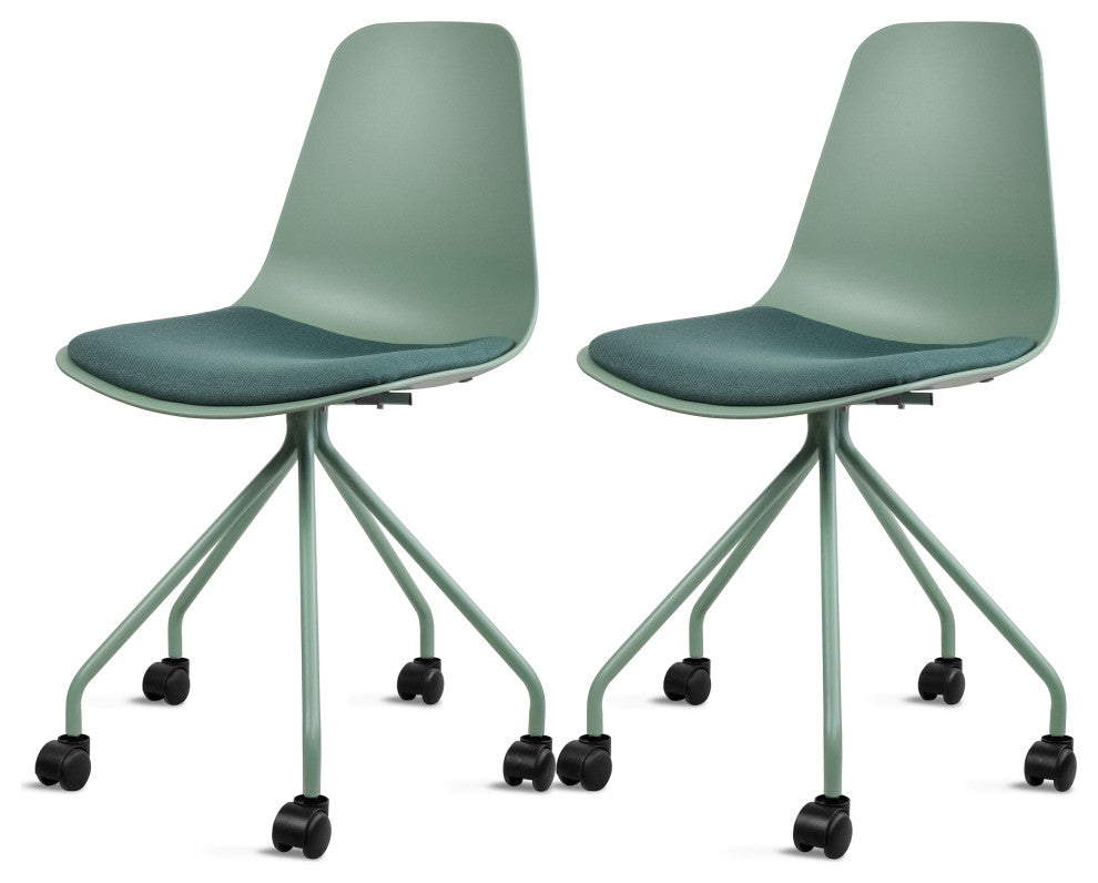 Set of 2 Ergonomic Task Chairs Padded Seat Metal Plastic Wheels Metal Legs, Green