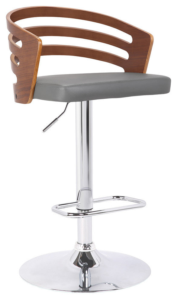Adele Adjustable Swivel Bar Stool, Chrome/Gray Faux Leather/Walnut Veneer