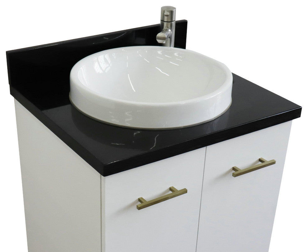 25" Single Sink Vanity, White Finish With Black Galaxy Granite And Round Sink