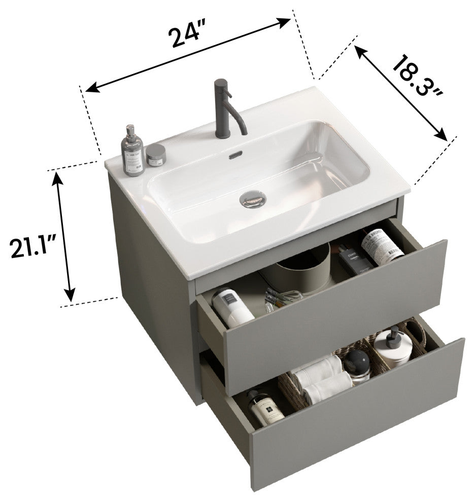 Wall-Mounted Bathroom Vanity Set with Ceramic Sink with one faucet hole, Gray