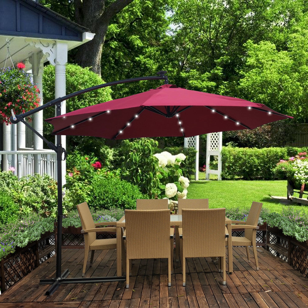 10' Steel Patio Umbrella Outdoor Market With Crank and LED Lights, Dark Red