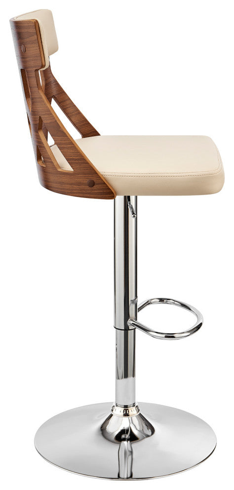Adjustable Cream Faux Leather and Walnut Lattice Bar Stool
