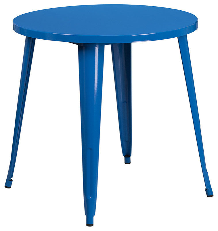 30" Round Blue Metal 3-Piece Table Set With 2 Vertical Slat Back Chairs