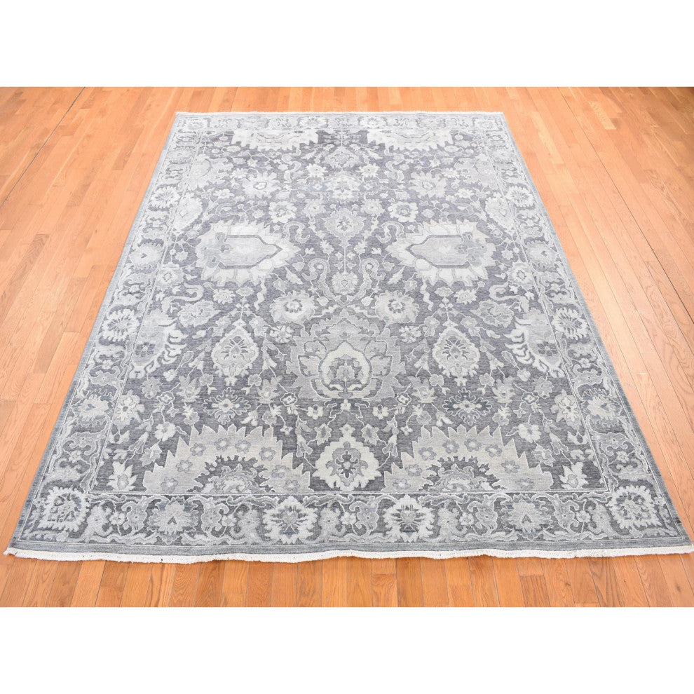 Thunder Gray, Hand Knotted Oushak Influence Silk Wool Oriental Rug, 7'9"x10'