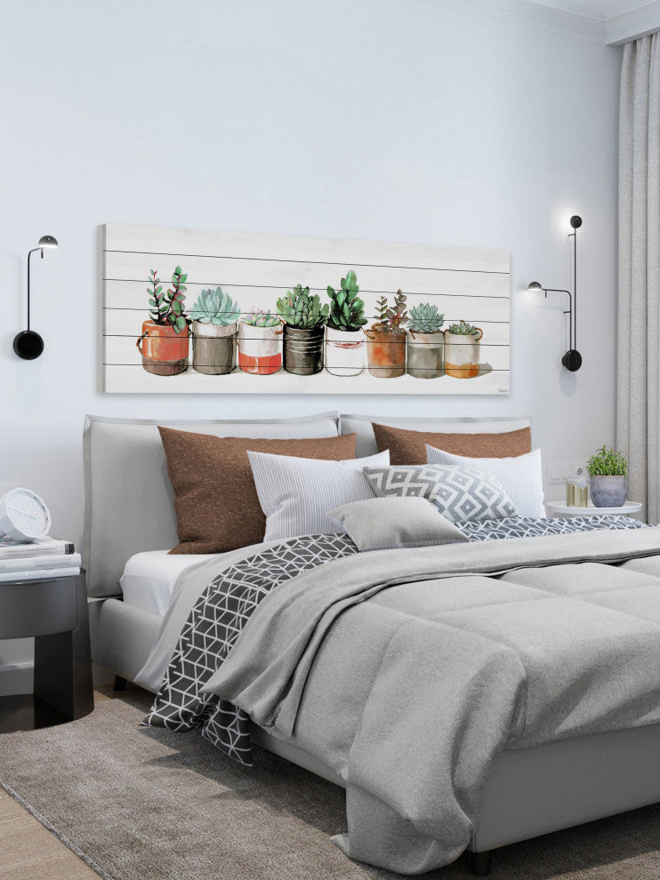 "Cactus in Cans" Painting Print on White Wood, 45"x15"