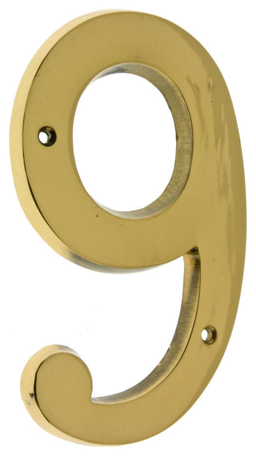Genuine Solid Brass 6" House Number: #9, Polished Brass