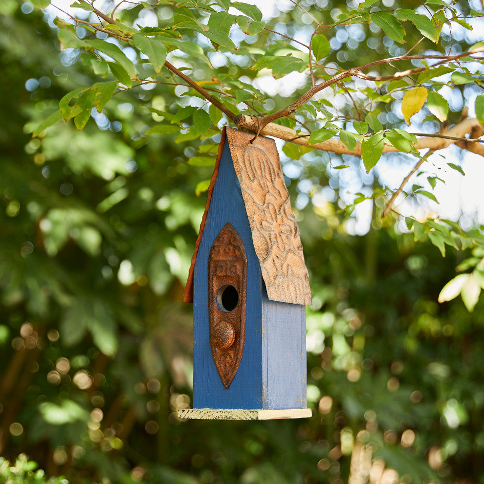 Retro Blue Distressed Solid Wood Birdhouse