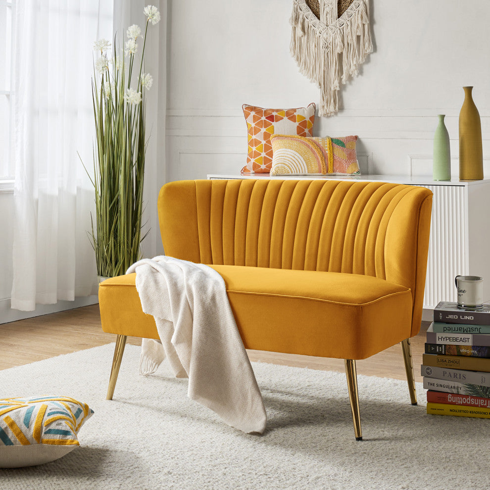 Velvet Tufted Loveseat Sofa With Golden Base, Mustard