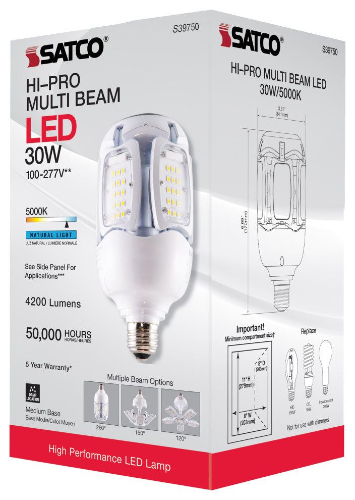 30W LED HID Replacement, 5000K, Medium Base, Adjustable Beam Angle, Type B B