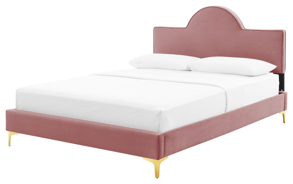Platform Bed Frame, Queen Size, Pink, Velvet, Modern, Bedroom Guest Suite