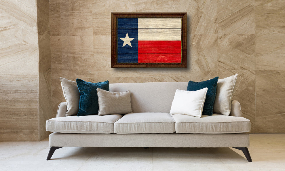 Texas State Textured Flag Print With Brown Gold Frame, 23"x33"