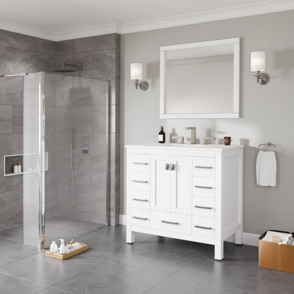 Eviva Hampton 36"W White Bathroom Vanity With White Carrara Quartz Countertop