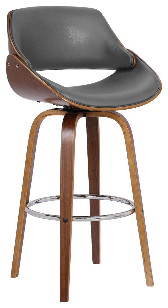 26" Leatherette and Wooden Swivel Barstool, Brown and Gray