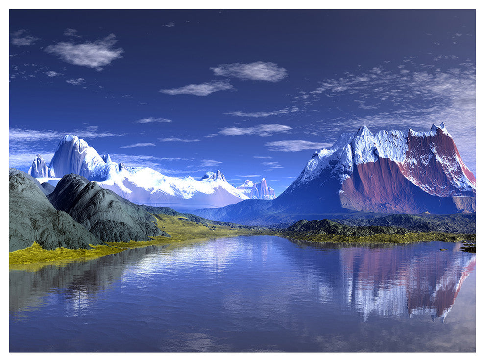 3D Rendered Mountains and Lake, Landscape Canvas Art Print, 40"x30"