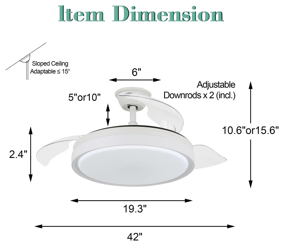 42 inch Contemporary Retractable 3-blade LED Ceiling Fan With Light, Remote, White