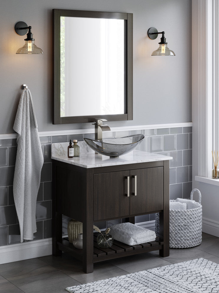 30" Vanity with Carrara White Marble Counter, Drain, Mounting Ring and P-Trap, Brushed Nickel, Without Mirror
