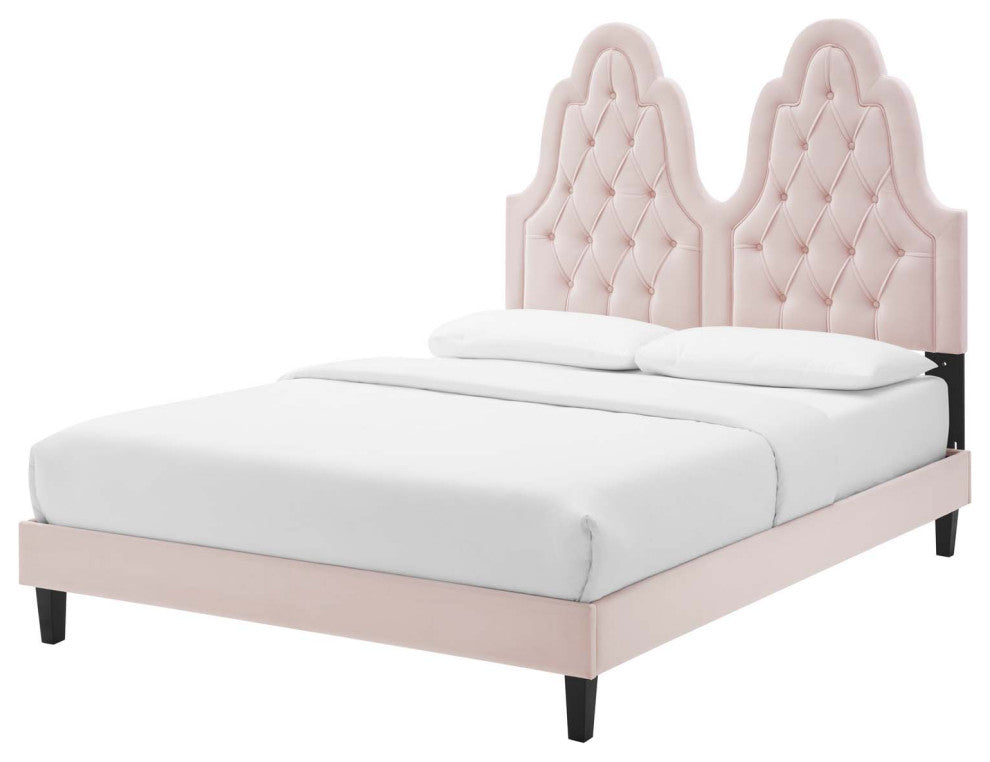 Tufted Platform Bed Frame, Twin Size, Velvet, Pink, Modern Contemporary, Bedroom