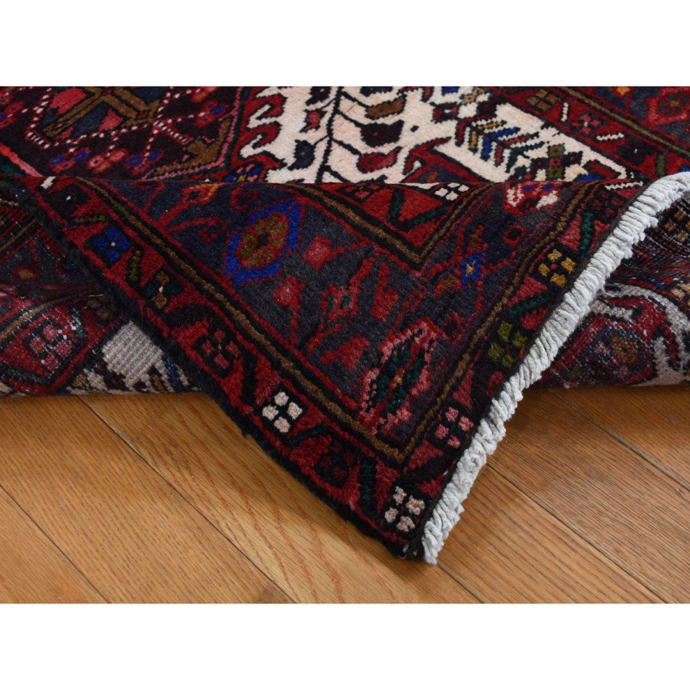 Crimson Red Vintage Persian Karajeh Pure Wool Hand Knotted Runner Rug 3'2"x10'5"