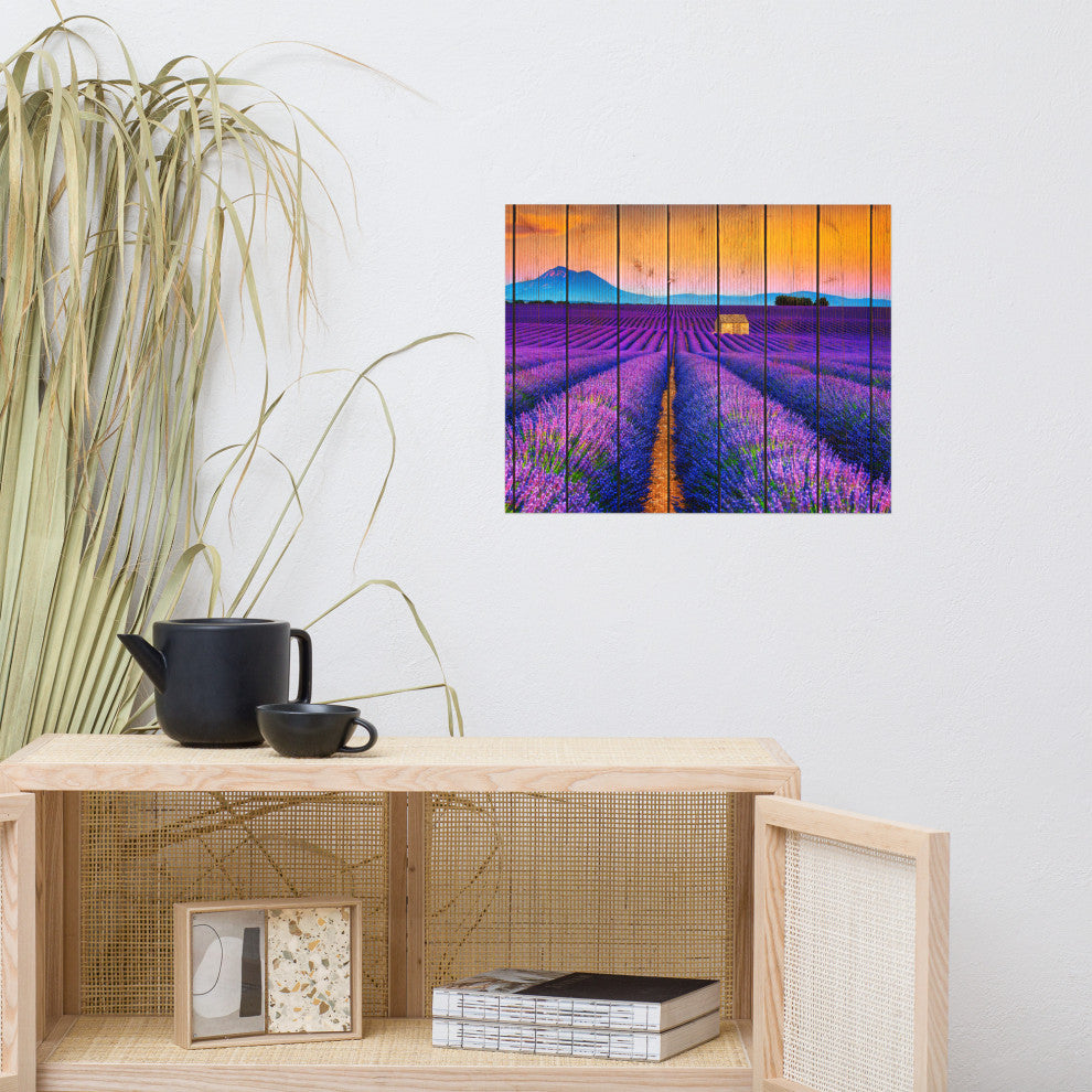 Faux Wood Lavender Fields and Sunset Landscape Unframed Wall Art Prints, 16" X 20"