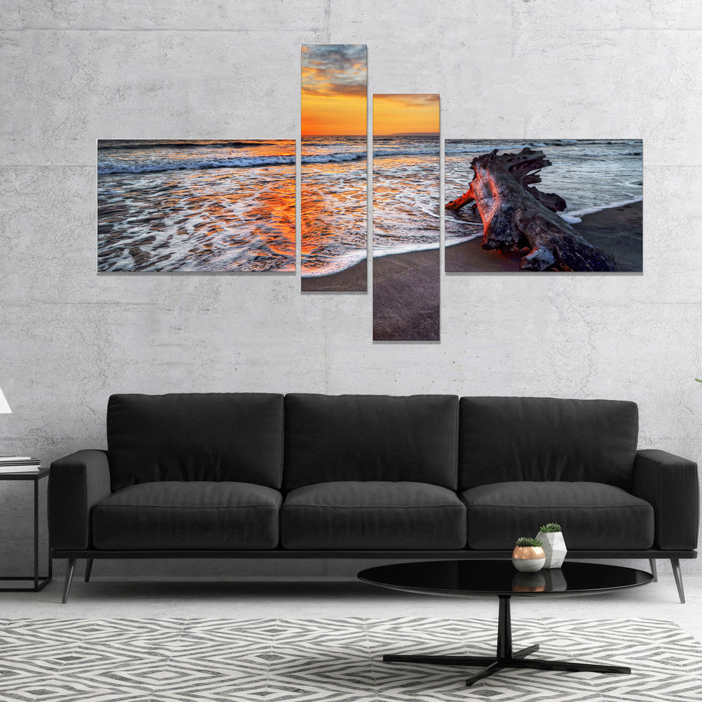 Fantastic Sandy Shore at Sunset, Seashore Canvas Art Print, 60"x32", 4 panels